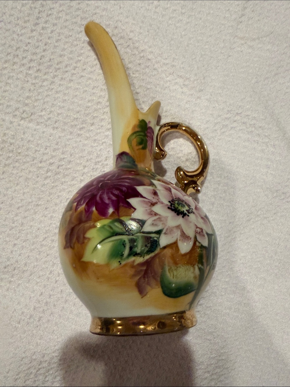 Hand-Painted Floral Porcelain Ewer in Gold Accents